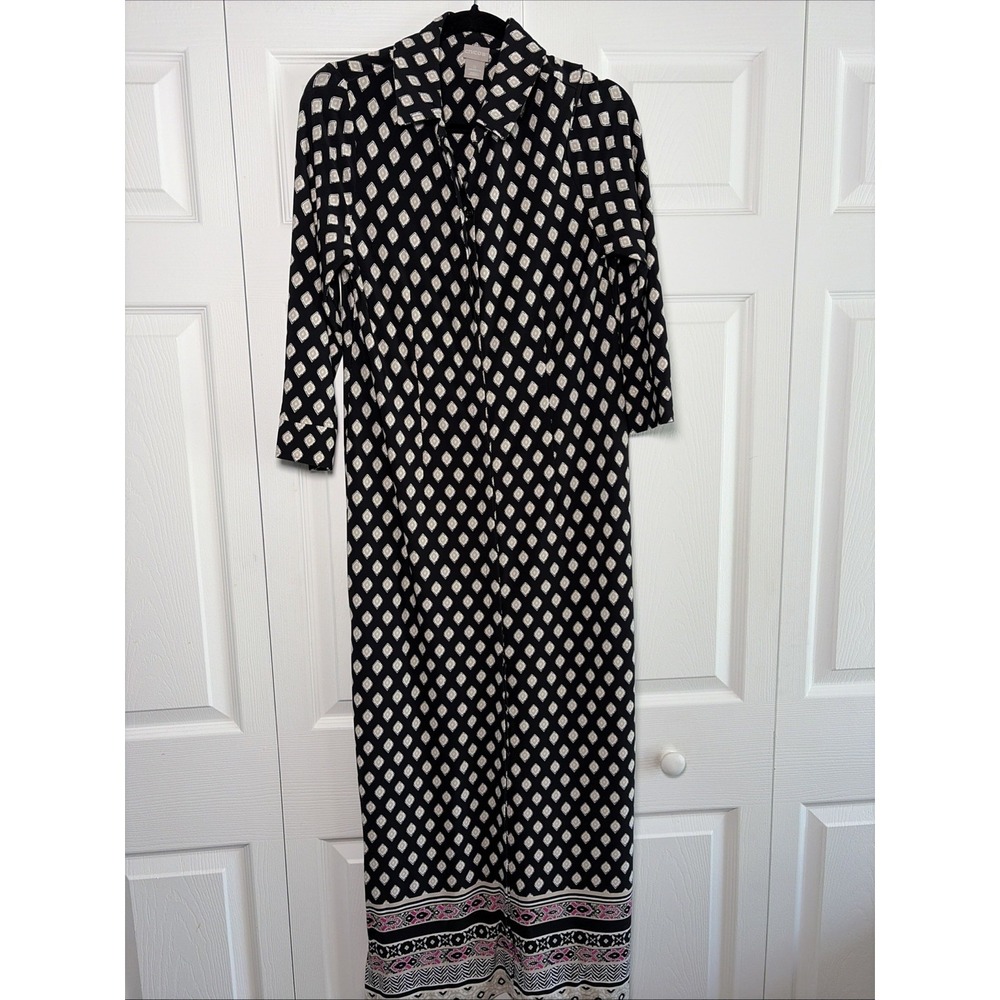Chico's Geometric Diamond Border‎ Print Maxi Shirt Dress Womens Size 0 S Black